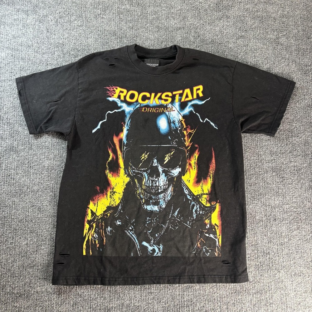 Rockstar Original Shirt Mens Medium Black Skull‎ Flame Graphic Distressed Tee